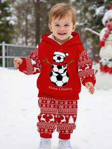 SHEIN 2 peças/Conjunto Moletom Casual Confortável de Manga Longa com Capuz para Meninos Jovens, Adequado para Outono/Inverno, Estampas Clássicas de Natal Incluindo Papai Noel, Árvore de Natal, Boneco de Neve, Presentes, Rena, Flocos de Neve - Multicolorido - Visão 1