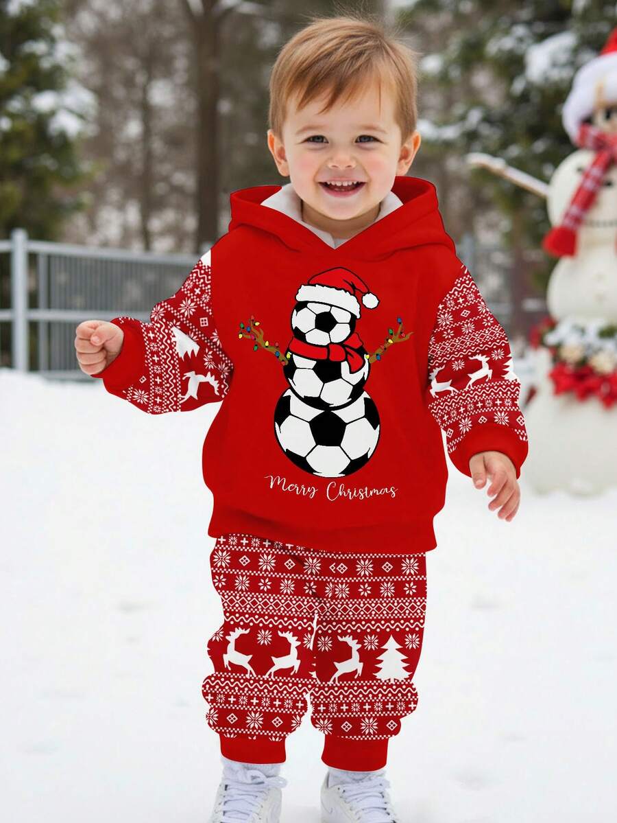 SHEIN 2 peças/Conjunto Moletom Casual Confortável de Manga Longa com Capuz para Meninos Jovens, Adequado para Outono/Inverno, Estampas Clássicas de Natal Incluindo Papai Noel, Árvore de Natal, Boneco de Neve, Presentes, Rena, Flocos de Neve - Multicolorido - Visão 1