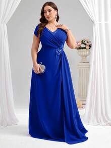 Coutiva 优雅派对水钻珍珠装饰加大码新娘母亲礼服 - 寶藍色 - 查看 5