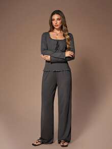 Lazeform 女士休闲纯色方领长袖上衣和裤子睡衣套装 - 深灰色 - 查看 4