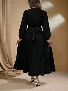 Roveilla Đầm xòe dài tay dáng rộng thiết kế thắt nút xoắn thanh lịch mới dành cho nữ cỡ lớn, dáng xòe xếp ly, dự tiệc và công sở - màu đen - Xem 2