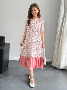 SHEIN Tween Girl Cute Pink Floral Pattern Round Neck Puff Sleeve Loose Casual Nightgown, Family Vacation Leisure Short Sleeve Floral Print Dress, Ramadan Dress, Eid Dress, Abaya, Jalabiya, Lace - Pink - View 3