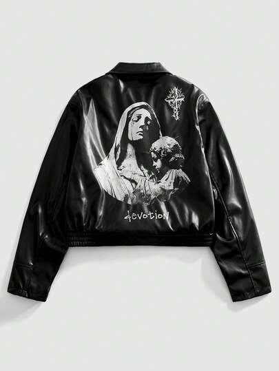 Street Life Men's Fashion Zipper Religious Character Creative Portrait Print PU Jacket