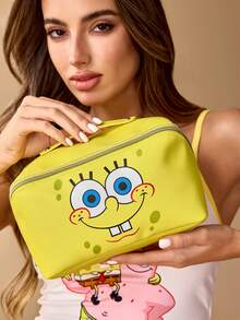 SpongeBob SquarePants | SHEIN 1个可爱卡通图案印花大容量可折叠PU皮革化妆包，多功能收纳袋，可存放小物件，适合旅行、工作、化妆或学习，适合女性和学生，也是不错的礼物选择。 - 黃色 - 查看 3