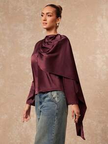 Lumalex Winter Fall Satin Shawl Collar Long Sleeve Women Blouse Luxury Prom Gathering Party Banquet Modest Old Money Coquette Glitter Holiday Party Rave Festival Outing Vacation Hot Outdoor Richly Layered Wedding Season Banquet ID Al-Adha Al-Adha Party New Year Looks Of Party Party Dress For Autumn - Red Violet - View 7