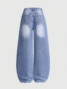 Sparklyn 少女款做旧刺绣阔腿牛仔裤，复古水洗牛仔布，Y2K美学，休闲，可爱，复古，流行，波西米亚风格 - 中等水洗藍 - 查看 2