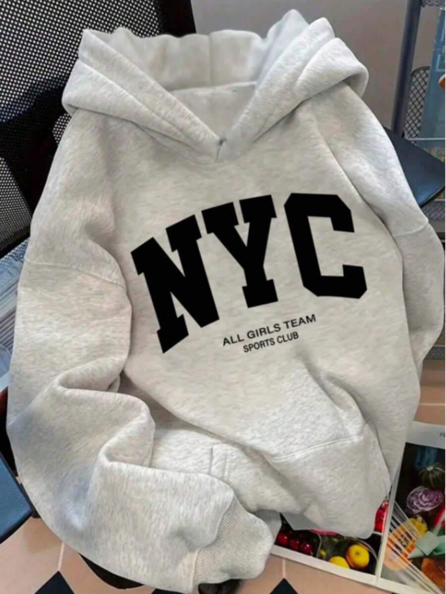 Sudadera Hoodie Con Capucha Con Bolsa Estampado NYC Para Mujer - Gris - Ver 1