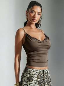 Denimoi Sexy Contrast Color Lace Patchwork Spaghetti Strap Top, Summer - Coffee Brown - View 4