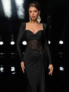 Glamrae 优雅奢华的串珠亮片拼接弹力针织美人鱼长裙，长袖设计，适合婚礼、派对、度假、盛大晚宴和正式场合。 - 黑色 - 查看 6