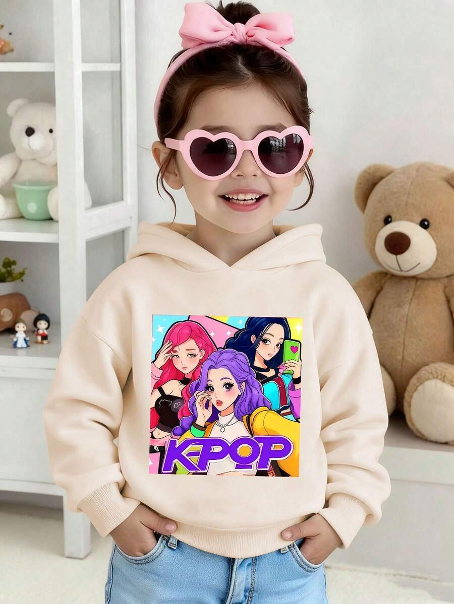Young Girl' Cartoon Cute K-POP Girl Print Hooded Sweatshirt, Suitable For Autumn/Winter Outfits