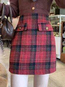 DAZY Women's High Waist Plaid Button Design Casual Short Skirt, Autumn/Winter - Burgundy - View 7