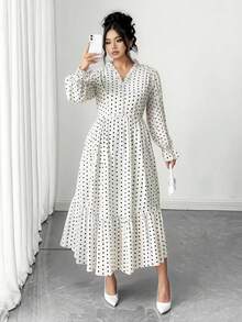 Elenzga 大码女式优雅V领波尔卡圆点长袖连衣裙 - 白色 - 查看 1