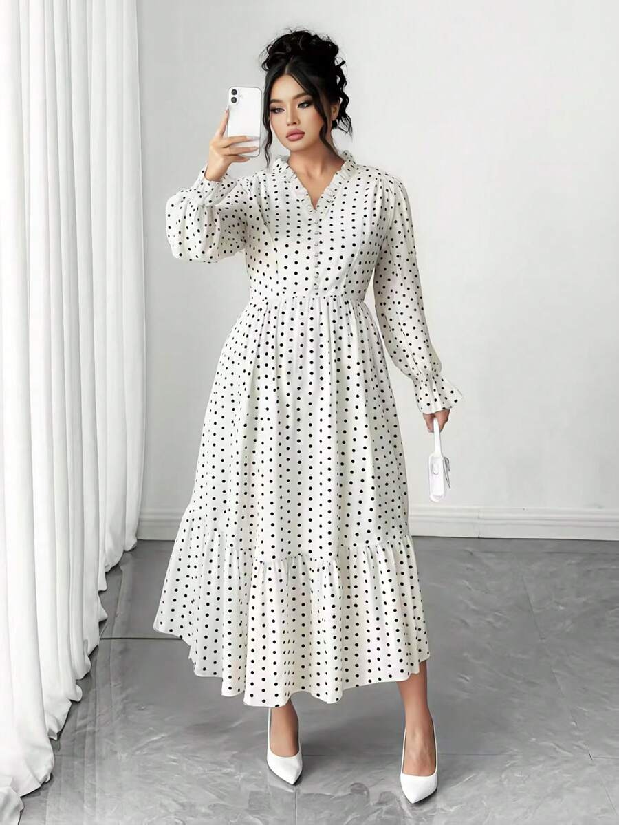 Elenzga 大码女式优雅V领波尔卡圆点长袖连衣裙 - 白色 - 查看 1