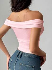 Sweetra Women's Summer Slim Fit Ruched Off Shoulder T-Shirt, Solid Color Y2K