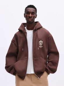 SUMWON Regular Men's Brown Full-Zip Hoodie With Drawstring Hood Centre Pocket Logo Branding Comfortable Casual Sweatshirt For Fall Winter Daily Wear Layering - Brown - View 6