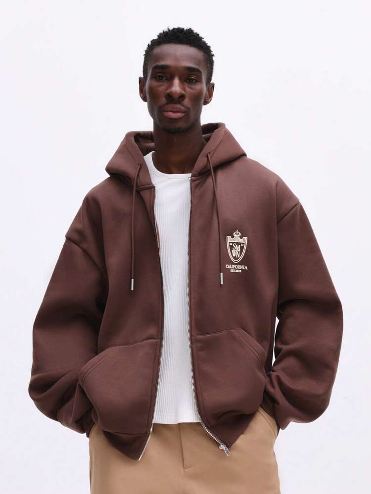 Brown Full-Zip Hoodie With Logo Branding