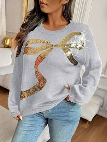 EMERY ROSE Plus Size Women's Casual Bow Sequin Round Neck Drop Shoulder Long Sleeve Sweater, Autumn/Winter - Grey - View 5
