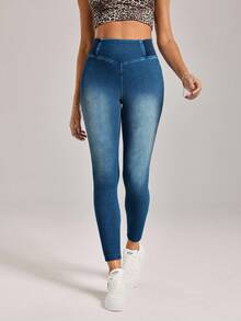 SHEIN Tall Women's Casual High Waist Elastic Skinny Washed Denim Jeans - Blue - View 5
