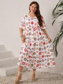 EMERY ROSE 大码夏季度假休闲印花短袖连衣裙 - 彩色 - 查看 6