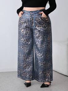 SHEIN PETITE CURVE 娇小码加大码情人节派对女士豹纹口袋休闲阔腿嘉年华夏季度假牛仔裤 - 中等水洗藍 - 查看 7