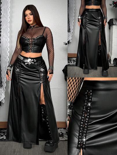 Whyspr Falda larga elegante, vintage, sexy y punk gótica de talla grande de otoño/invierno de piel sintética de PU con ojetes metálicos y cordones con aberturas dobles