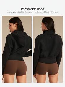 GLOWMODE 抓绒舒适柔软罗纹袖口下摆带拇指孔可拆卸帽子短款拉链卫衣，适合日常休闲穿着，秋冬季 - 黑色 - 查看 2