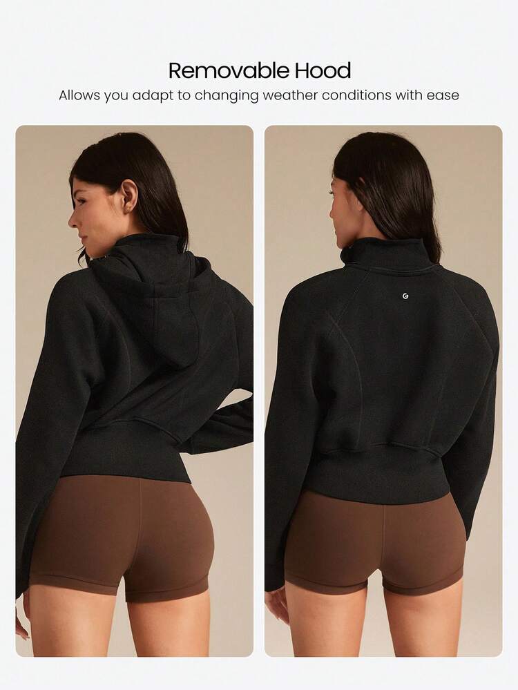 Fleece Cozy Soft Ribbed Cuffs Hem Thumbholes Detachable Hood Cropped Zip-Up Sweatshirt Daily Casual Wear Fall Winter