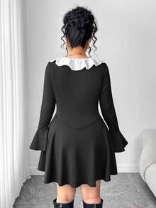 Elenzga Plus Size Women's Fitted Flare Sleeve Mini Black & White Dress, Fashionable Tie-Waist V-Neck Patchwork White Ruffle Hem Elegant A-Line Dress - Black and White - View 2