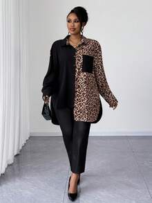 Maweii Casual Leopard Print Patchwork Retro Niche Design Plus Size Shirt - Black - View 2