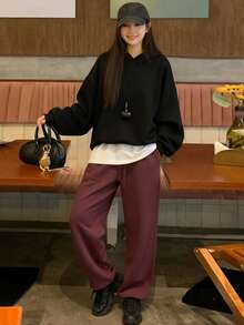 DAZY Women Solid Color Oversized Short Hooded Sweatshirt,Fall Clothes Hoodies - Black - View 3