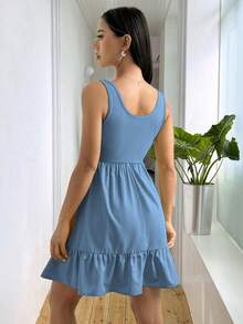 Vestido sin mangas de punto acanalado y parcheado unicolor para mujer - Azul - Ver 2