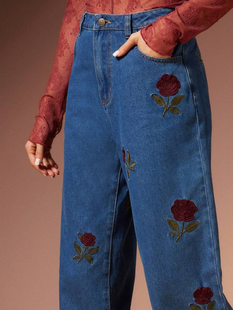 WESTFADE Rose Embroidered Mid Rise Wide Leg Cotton Blend Denim Jeans Fall, Autumn, Winter, Holiday, Christmas, New Years Eve, NYE, Cowgirl, Nashville Cowgirl, Boho, Casual, Cute, Western Wear - Medium Wash - View 1