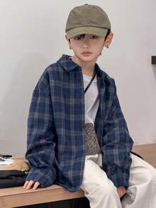 Dazy Kids Tween Boys' Loose Casual Plaid Shirt, Autumn - Navy Blue - View 10