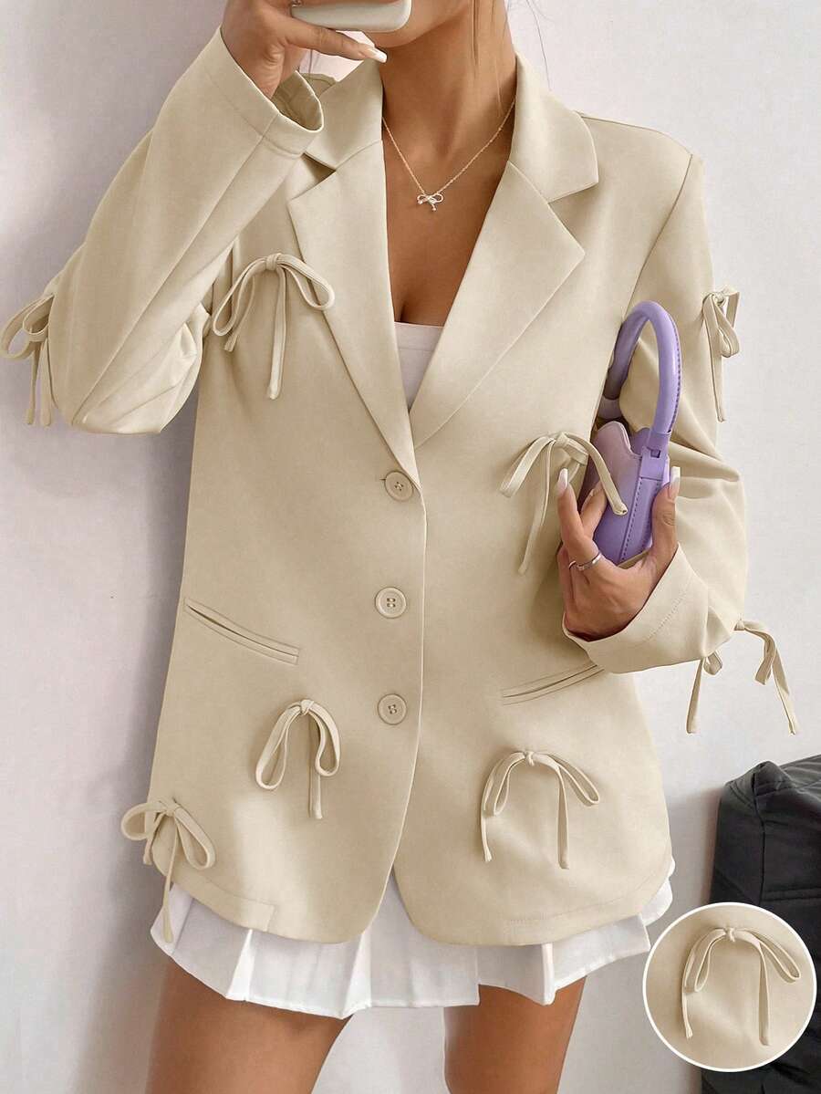 Rafferiza Áo khoác blazer nơ 3D thời trang thường ngày cho nữ - Màu be - Xem 1