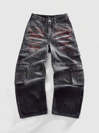 Street Life Pantalones vaqueros cargo casuales de pierna ancha y ajuste holgado para hombres