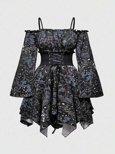 Goth Plus Size Asymmetrical Hem Off-Shoulder Flare Sleeve Dress With Sun, Moon, Star, Insect & Floral All-Over Print And Waist Tie