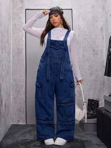 SHEIN Unity Plus Size Fashionable Minimalist Multi-Pocket Denim Bib Pants, Autumn - Blue - View 8