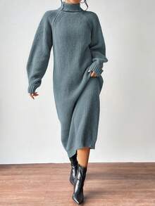 SHEIN Clasi 女式纯色高领长袖休闲针织毛衣裙，秋冬 - 藍色 - 查看 4