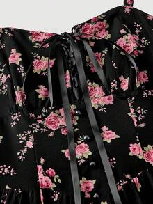 SHEIN MOD Váy phong cách đồng quê lãng mạn họa tiết hoa đen dễ thương, trang trí nơ, bèo nhún, ren, eo chữ V, thích hợp cho các dịp lễ, dã ngoại, hẹn hò, ngày lễ tình nhân, trang phục đi nghỉ cho phụ nữ, váy sinh nhật cho phụ nữ, lễ hội Mardi Gras - Nhiều màu - Xem 4