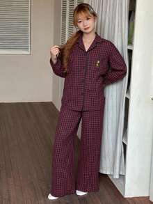 DAZY 少女休闲格子家居服套装，宽松舒适卡通图案直筒裤，秋季款 - 中紫紅色 - 查看 4