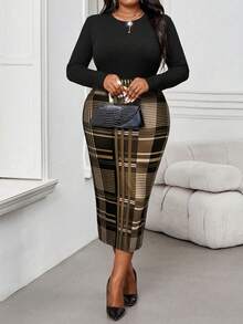 SHEIN Lady 秋冬季优雅职场彩色格子针织开衩中长半身裙，适合秋冬季圣诞节穿着，女士铅笔裙，女士格子裙，新年正式场合穿着，时尚系列半身裙 - 咖啡棕 - 查看 3