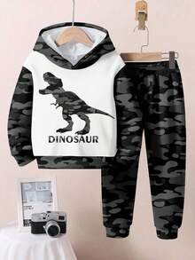 DINO、DINOSAURS、儿童精选系列、日常基本款、快乐的孩子、适合孩子的柔和色彩、Bikercore、家庭旅行、快乐的日子、我爱妈妈，我爱爸爸，可爱的家、酷酷的孩子、年轻男孩宽松休闲舒适长袖连帽衫套装，适合秋冬季 - 彩色 - 查看 4
