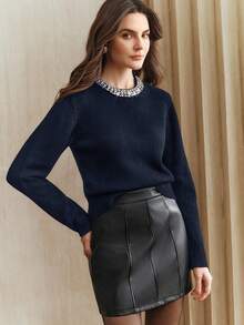 Anewsta Elegant Women's Winter Sweater, Fashion Rhinestone Embellished Collar, Gray Sweet & Youthful, Versatile Sparkling Knit Pullover Top, Suitable For Fall, Winter, New Year, Party, Wedding - Blue - View 3