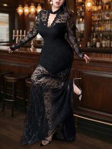 Vibekara Plus Size Women's V-Neck Long Sleeve Lace Patchwork Hollow Out Mermaid Elegant Vintage Cute Sexy Slim Maxi Dress Black Lace Dress Wedding Guest - Black - View 9