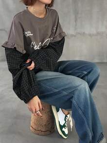 FRIFUL Women's Casual Plaid Patchwork 2 In 1 T-Shirt, Autumn - Grey - View 2