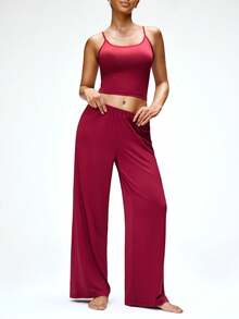 SHAPORA Women's Solid Color Cropped Camisole And Pants Casual Pajama Set - Red Violet - View 1