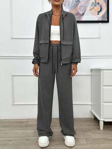 EURMUSE TWO PIECES TWO THREAD LIGHT GREY HOODIE SWEATSHIRT AND SWEATPANT WITH SPARKLE STONE DETAIL - Dark Grey - View 6