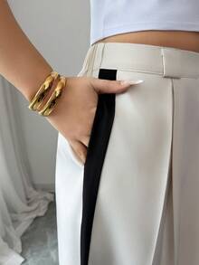 SHEIN Elenzya 女士高腰撞色褶皱阔腿宽松休闲裤 - 杏色 - 查看 3