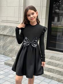 SHEIN 少女黑色针织拼接PU腰部修身长袖休闲日常时尚百搭连衣裙 - 黑色 - 查看 2