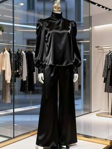 Franclia Women's Satin Texture Long Sleeve Set: Elegant Satin Backless Tie Design Long Sleeve Top And Wide Leg Straight Pants, Chic And Versatile Commuter Suit, Autumn Luxurious Minimalist Black Long Sleeve Two Pieces Set, Graceful Mature Style, Early Autumn Blouse And Pants Set - Black - View 7